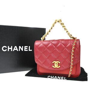 CHANEL CC 2Way Matelasse Chain Shoulder Hand Bag Calfskin Leather Red 369RP075